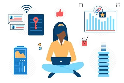 Server data protection, woman system administrator, information flow control. Stock Illustration
