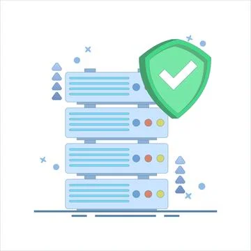 Server data security concept. Data Server with Shield. Secure Data Concept. Stock Illustration