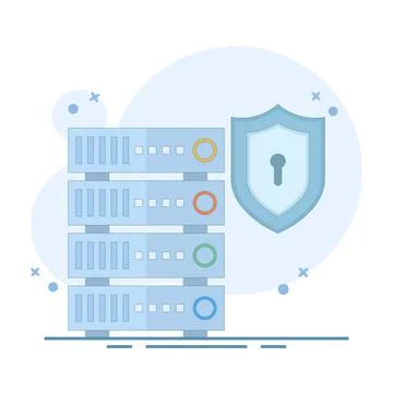 Server data security concept. Data Server with Shield. Secure Data Concept. Stock Illustration