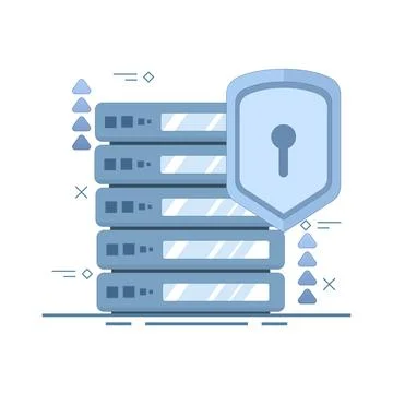 Server data security concept. Data Server with Shield. Secure Data Concept. Stock Illustration