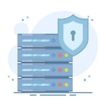 Server data security concept. Data Server with Shield. Secure Data Concept. Stock Illustration