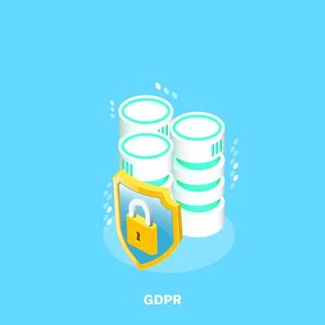 Server for data storage and processing and shield with lock, isometric image 库存插图