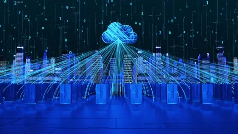 Server data uploading to cloud in city data center Stock Footage 229998625