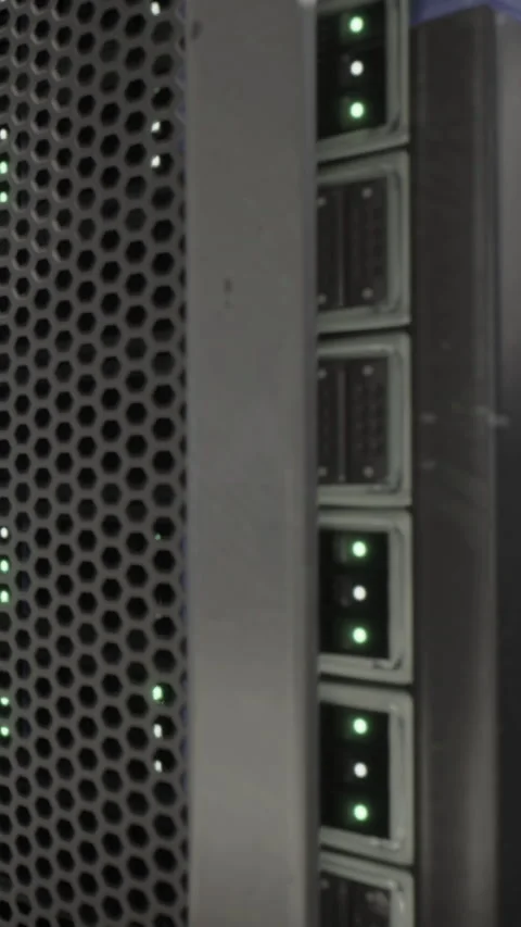 Server equipment shows lights indicating activity in data center rack Stock Footage 337923990