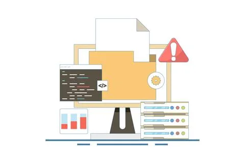 Server Error Fixing Concept, Website code, Bug fix, Server problem fix. Illustrazione stock