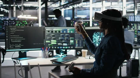 Server farm admin using VR equipment and node tree systems Video stock 307018523