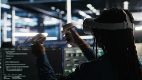 Server farm admin using VR equipment and node tree systems Stock Footage 309506852