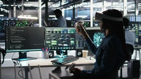 Server farm admin using VR equipment and node tree systems Stock Footage 309508641