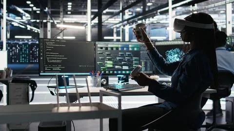 Server farm admin using VR equipment and node tree systems Stock Photos