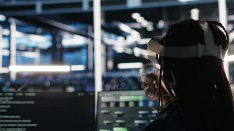Server farm admin using VR equipment and node tree systems Stock Photos