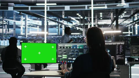 Server farm engineer using node tree systems on green screen PC Stock Footage 307038997