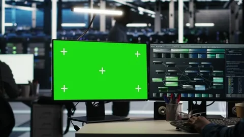 Server farm engineer using node tree systems on green screen PC Stock Footage 309118242