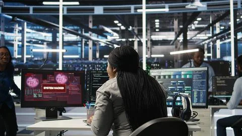 Server farm engineering team collaborating to protect against data theft Stock Photos