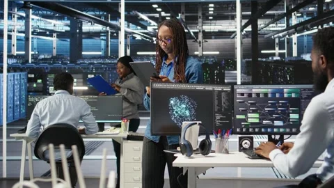 Server farm engineering team using AI algorithms and node tree systems Stock Footage 309505919