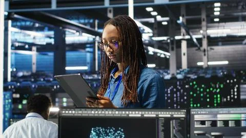 Server farm engineering team using AI algorithms and node tree systems Stock Photos