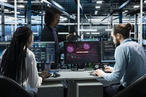 Server farm engineers seeing hacking warning, working to secure systems Stock Photos
