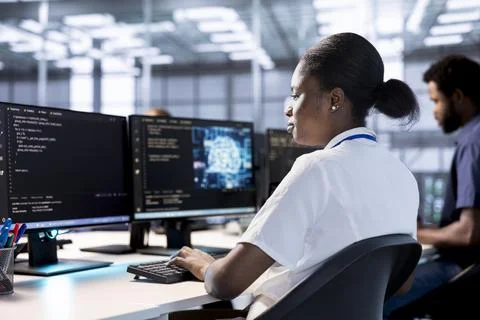 Server farm expert doing AI research, creating algorithms using neural networks Stock Photos