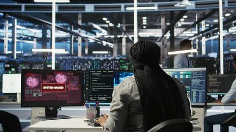 Server farm IT expert responds to security breach alert displayed on PC monitor Foto stock