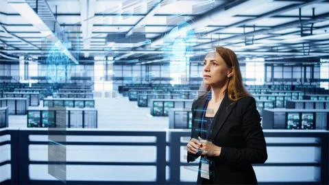 Server farm manager looks at AR simulation, overseeing performance benchmarks Stock Illustration