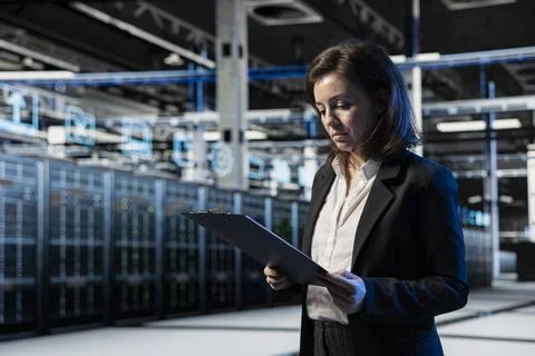 Server farm manager looks over system benchmarks results after doing AR mapping Stock Photos