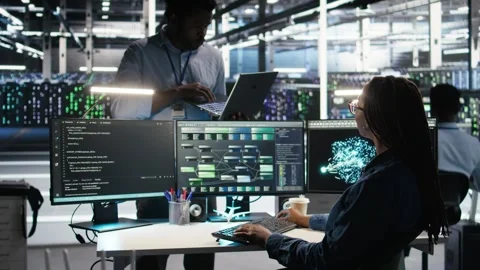 Server farm manager supervising engineer using node tree systems Stock Footage 309509242