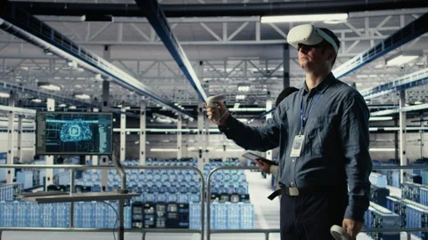 Server farm programmer uses VR headset to install updates Stock Footage 314805249