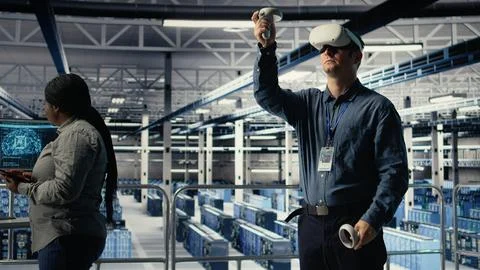 Server farm programmer uses VR headset to install updates Foto stock