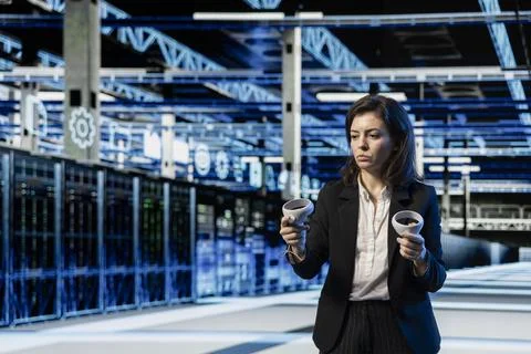 Server farm programmer using high tech gear to do virtual reality simulation Stock Photos