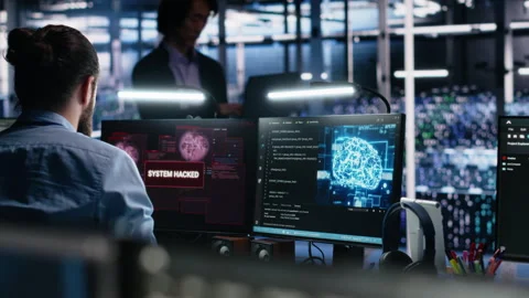 Server farm programmers seeing hacking warning, working to secure systems Stock Footage 313567179