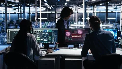 Server farm programmers seeing hacking warning, working to secure systems Stock Photos