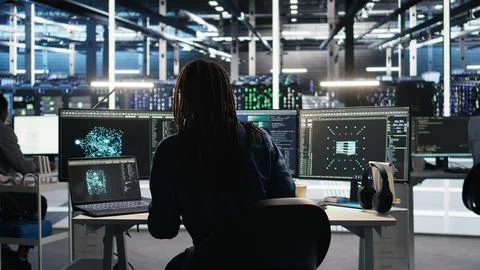 Server farm software developer interprets AI generated data analytics graphs Stock Photos