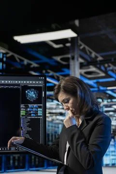 Server farm software developer looking over diagnostic reports to optimize AI 스톡 사진