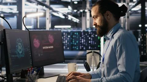 Server farm worker trying to fix hacked equipment systems Foto stock