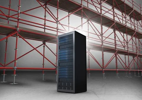 Server in front of scaffolding in grey room Stock Illustration