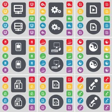 Server, Gear, Media file, Mobile phone, PC, Yin-Yang, Packing, File, Microphone Stock-Illustration