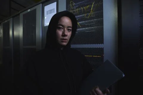 Server, hacker and database with portrait of woman for coding, software and Stock Photos