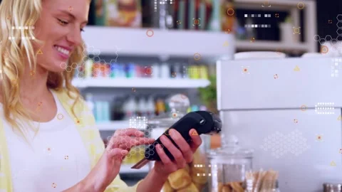 Server handing reader, woman tapping terminal while paying, graphics appearing Stock Footage 332937209