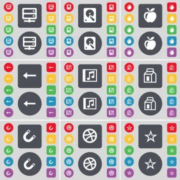 Server, Hard drive, Apple, Arrow left, Music window, Packing, Magnet, Ball, Star Stock Illustration