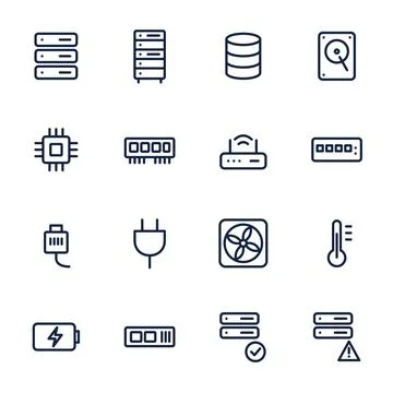 Server hardware line icon set with rack, database, hard drive, processor, Stock Illustration