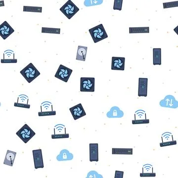 Server hardware seamless pattern with cooling fans, wifi routers, hard drives Stock Illustration