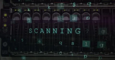 Server hardware shows SCANNING with digital number and symbol overlays Stock Photos
