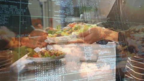 Server holding plate after cook plating on pass code overlay scrolling over Stock Footage 333449033