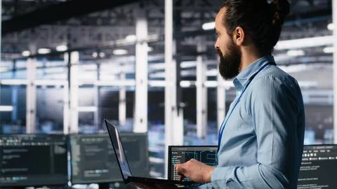 Server hub admin using AI LLM chatbot to review hardware diagnostics Stock Photos