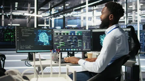 Server hub admin using neural network node tree tool to optimize system health Stock Footage 307038407