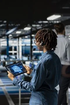Server hub engineer uses tablet and headset mic to provide remote assistance Stock Photos
