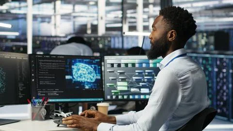 Server hub engineering team interprets AI generated data analytics graphs Stock Photos