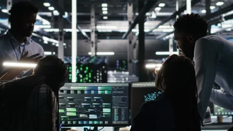 Server hub engineering team working together, using node tree software Stock Footage 309510896