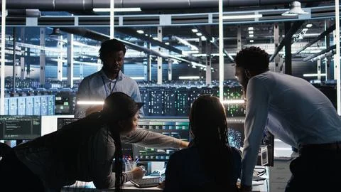 Server hub engineering team working together, using node tree software Stock Photos