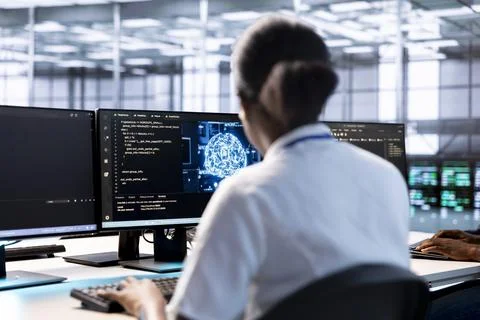 Server hub IT expert using AI systems to input data faster 스톡 사진