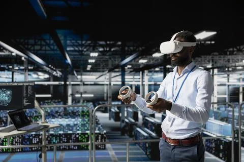 Server hub male programmer using virtual reality technology Stock Photos